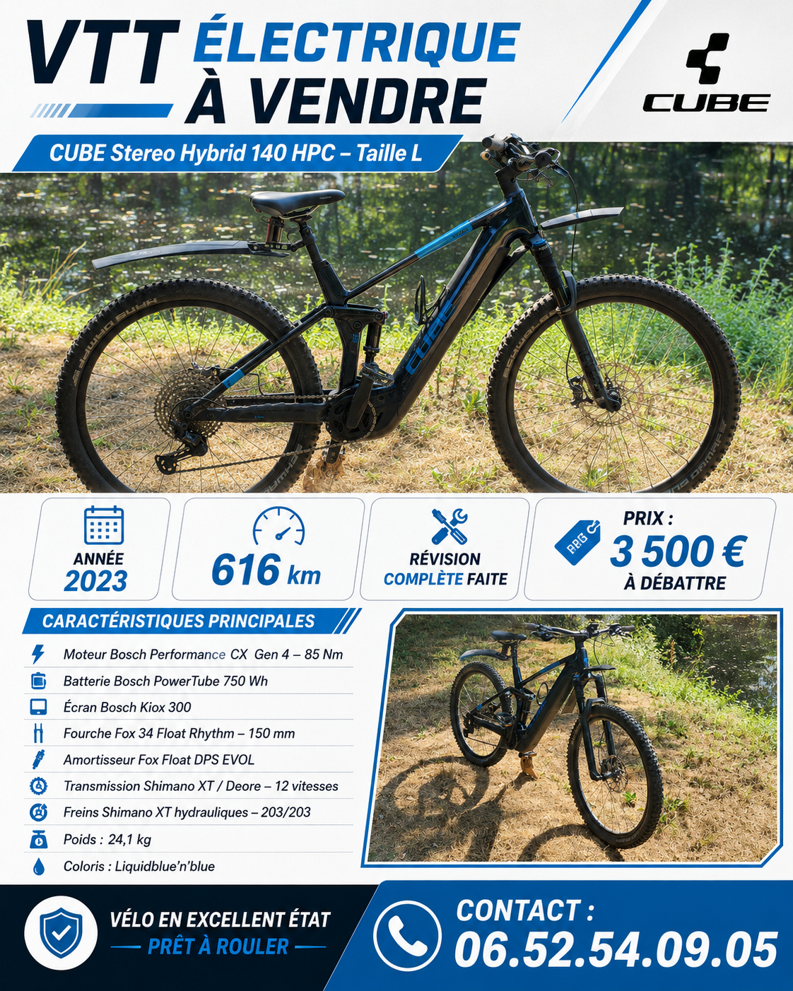 Affiche de vente d'un VTT électrique Cube Stereo Hybrid 140 HPC taille L, année 2023, 616 kilomètres, prix 3 500 euros à débattre